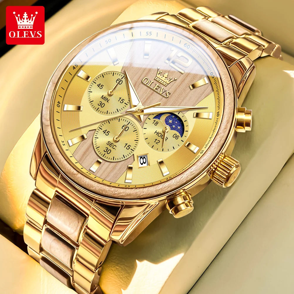 Olevs 3645 mens watch top brand business original quartz solid wood multifunctional chronograph moon phase reloj new