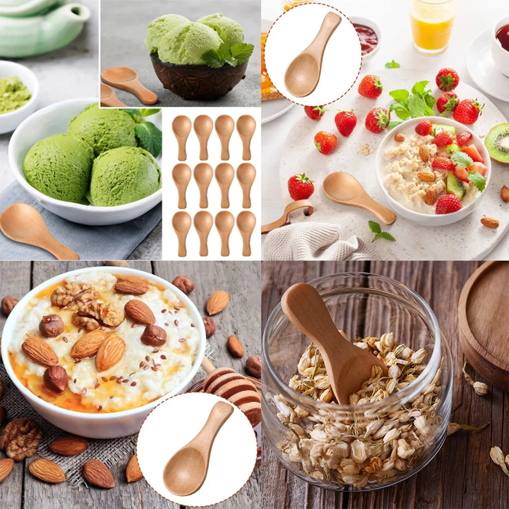 Wooden spoon 2/4pcs lot mini condiment honey sugar tea coffee ice cream scoop kid children round shape home kitchen