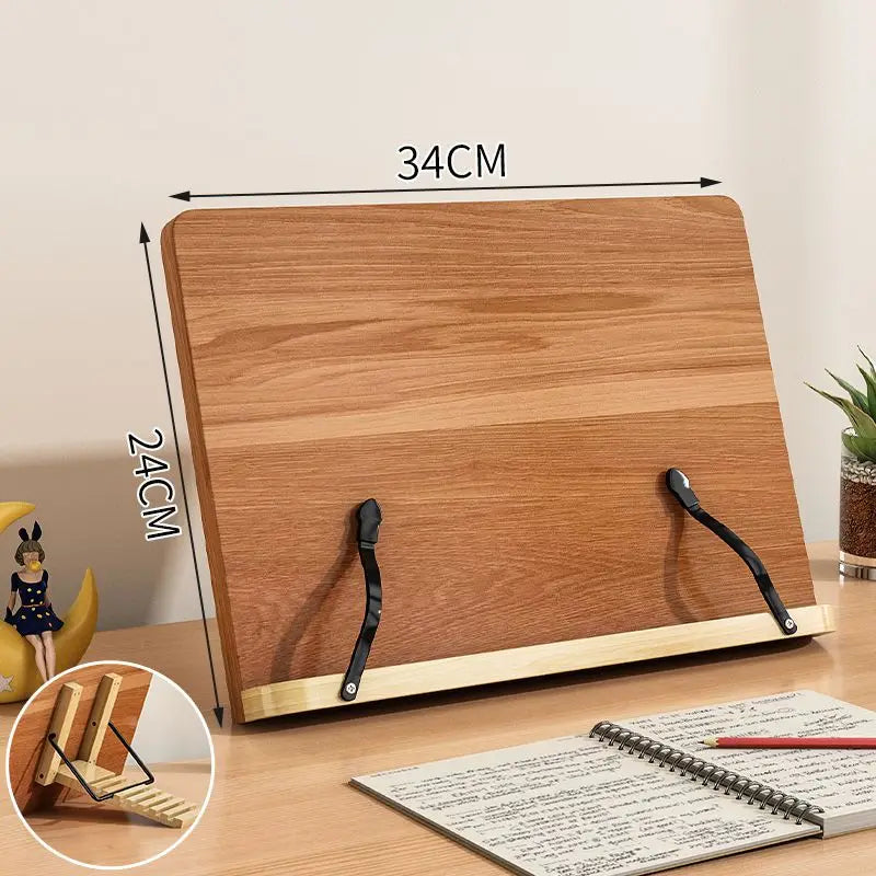 Wooden reading stand adjustable book holder student notebook clip bookshelf for note-taking portable desk - 34x24cm