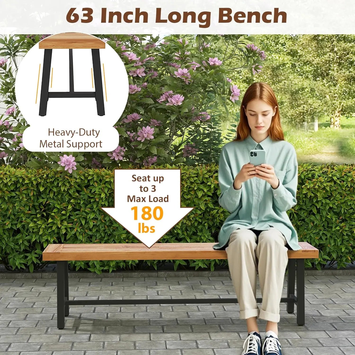 Outdoor bench garden set of 2 63’’ backless acacia wood with heavy-duty metal legs patio dining front porch - united