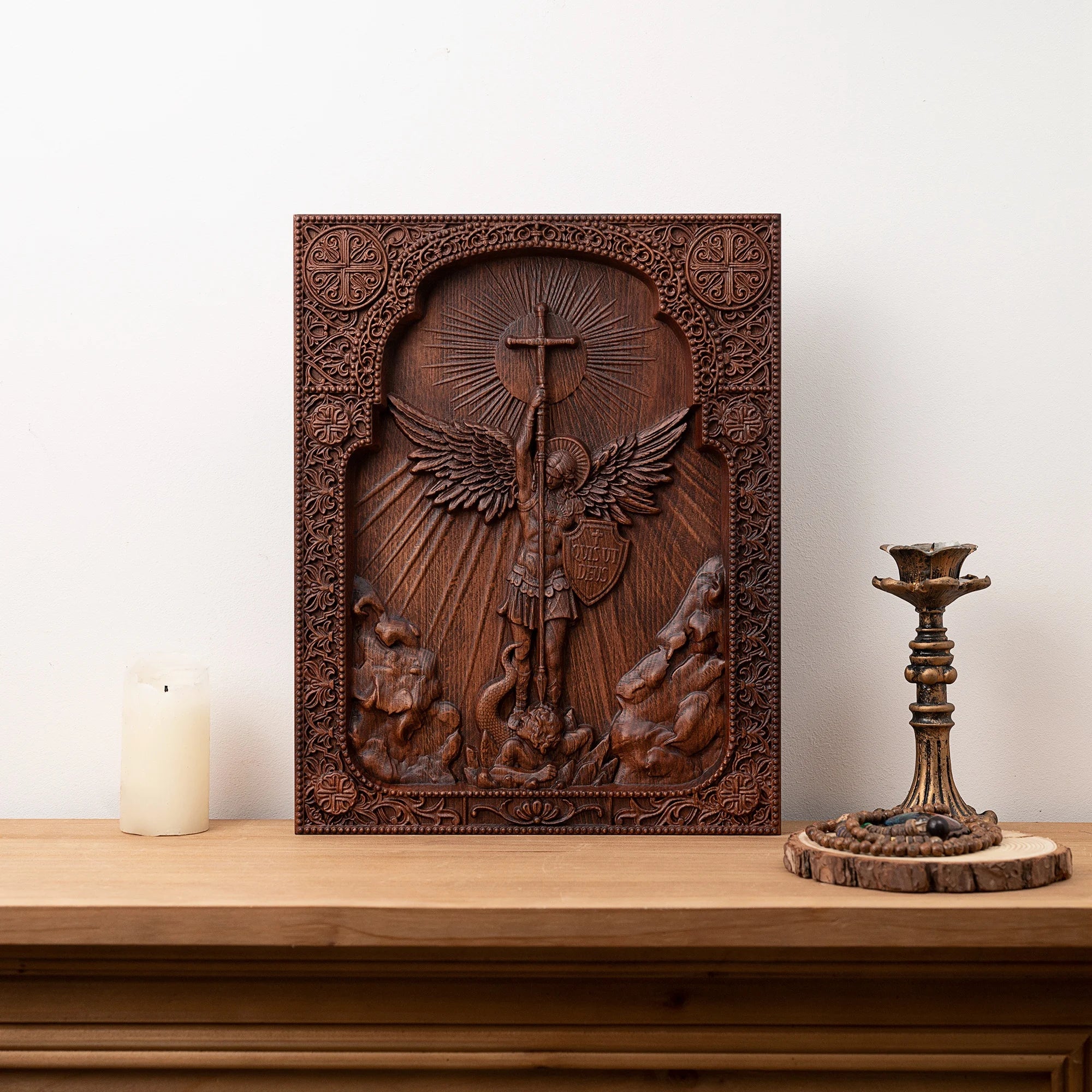 Archangel michael square wooden icon guardian angel statue religious home church wall decor christian artwork