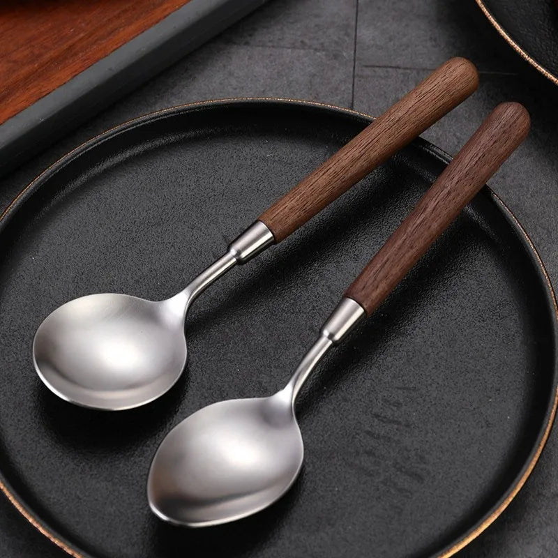 Stainless steel knife fork spoon walnut handle western tableware high-value japanese retro wooden - set
