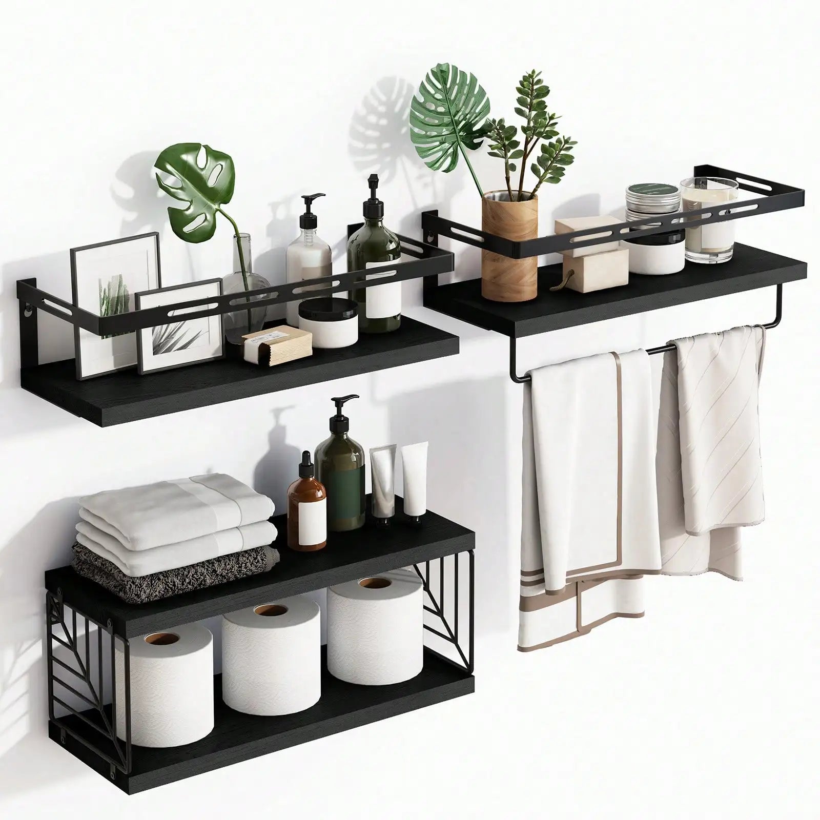 3 + 1 tier wall mounted bathroom shelves over toilet,rustic wood floating with metal frame towel bar