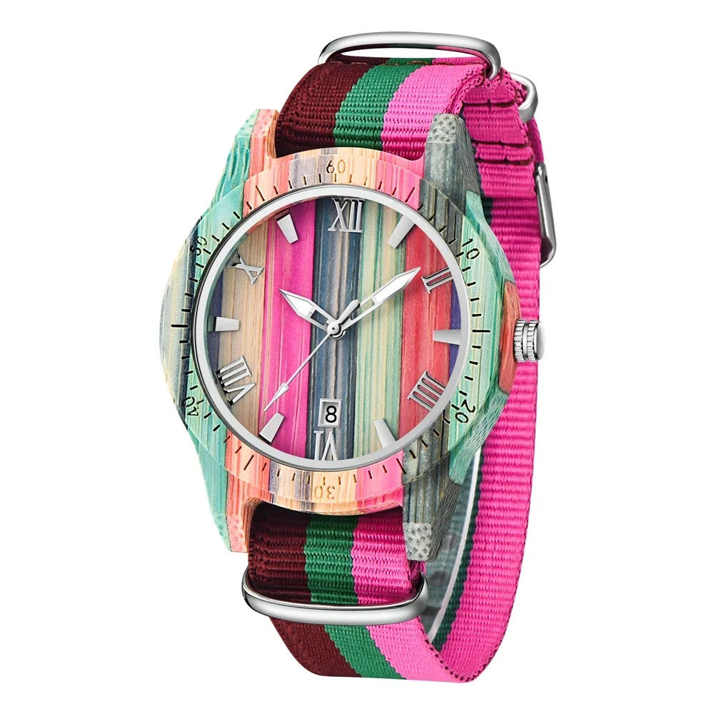 Elegant colorful bamboo wood quartz women’s watch fashionable color band 2024 lover gift wristwatch