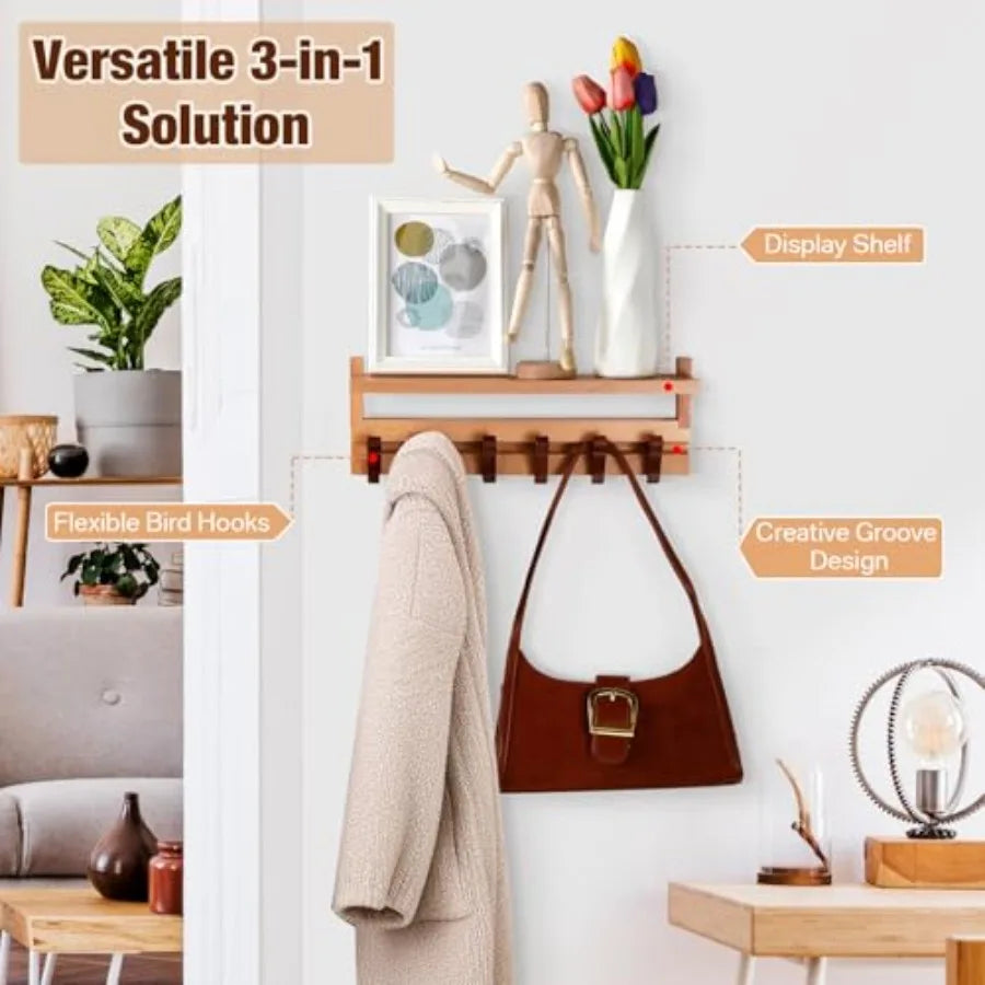 Wood wall mounted coat rack with shelf beech wooden sliding hook track 15’’ long 6 unique woodpecker shaped hooks