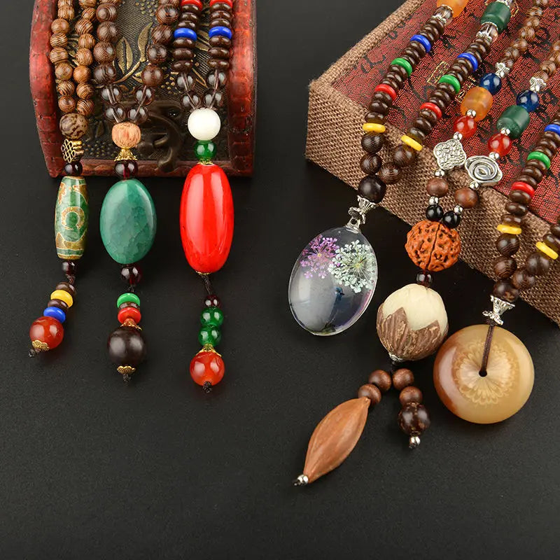 Chinese style minimalist wooden necklace long buddha bead sweater chain versatile personalized pendant men’s