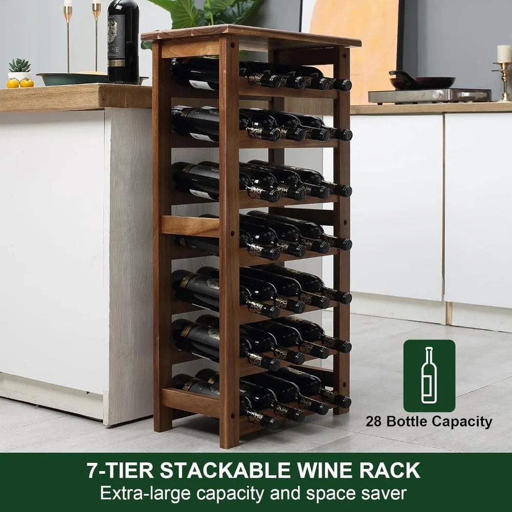 Wooden wine rack 7 tire floor storage 28 bottles holder free standing display for kitchen pantry - brown / united states