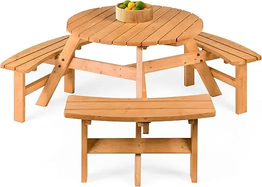 6-person circular wooden picnic table with built-in benches for outdoor patio backyard garden use - united states