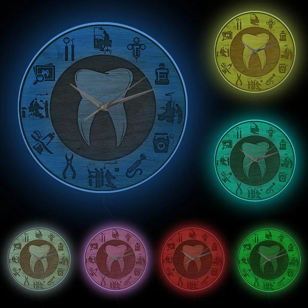 Dental design wood texture acrylic print wall clock silent move watch dentist clinic decor orthodontics art hygienist