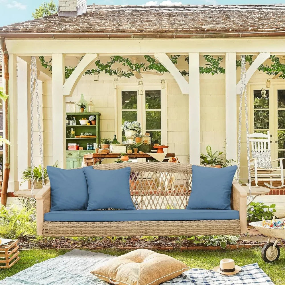 Homrest 3-person wicker porch swing with upgraded cup holder 55 inch patio hanging bench chair cushions 900lbs capac