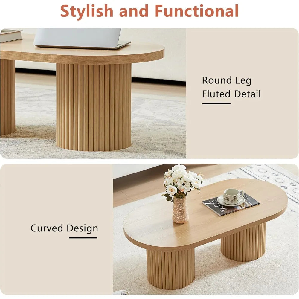 Fluted oval coffee table for living room boho modern with legs curved round wood center home s