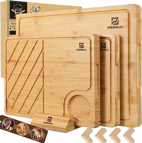 Cutting boards large set of 7 acacia wood charcuterie chopping board for kitchen with holder non slip feet plastic