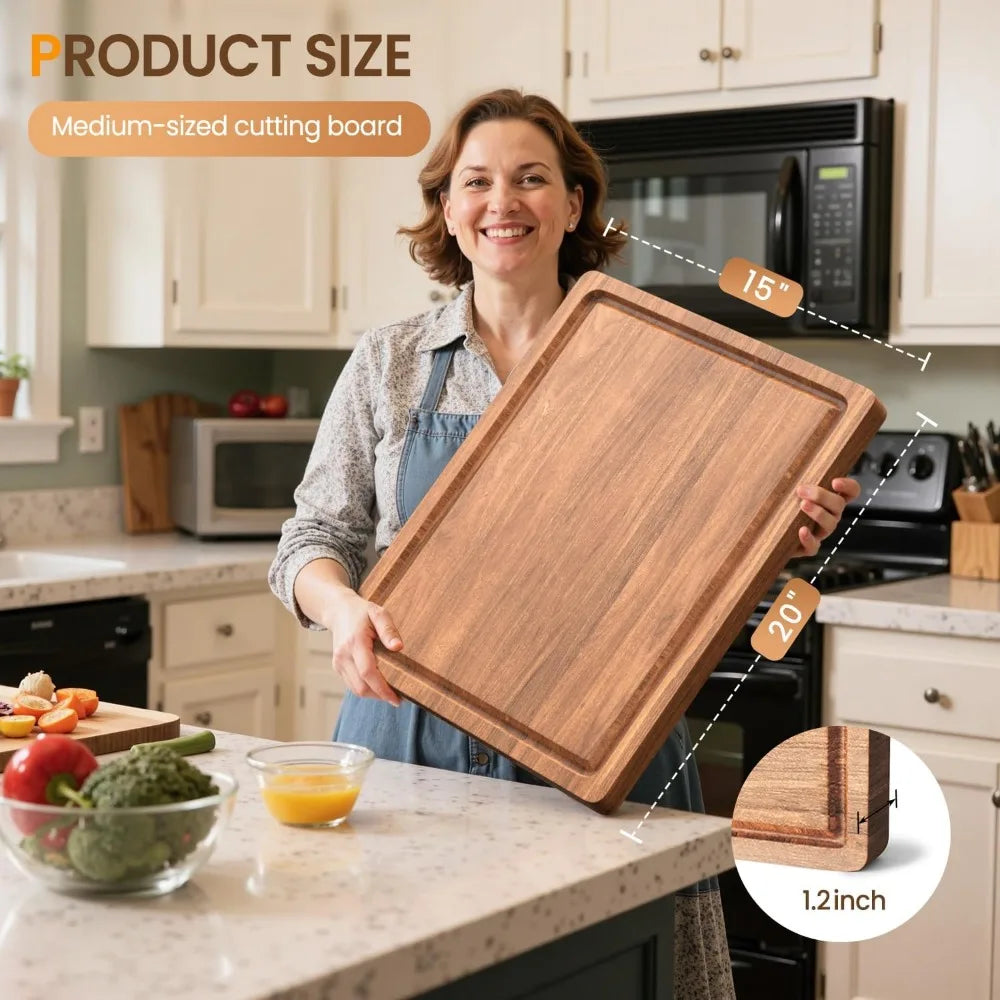 Acacia wood cutting board for kitchen,20x15x1.2 inch butcher block with juice grooves and side handles large