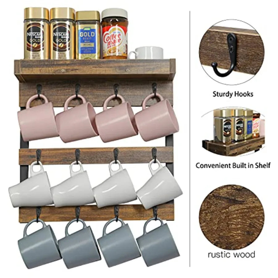 Coffee mug rack wall mounted rustic wood cups with 12 hooks and storage shelf for home kitchen display collection rust