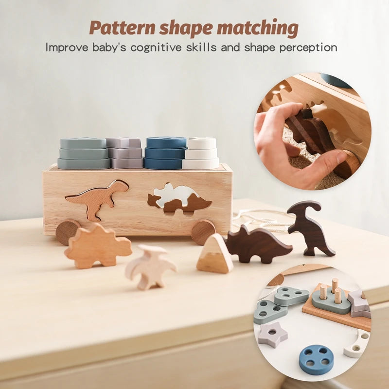 Kids wooden dinosaur intelligence car toys baby stacking multifunctional shape cognitive toy montessori education gift