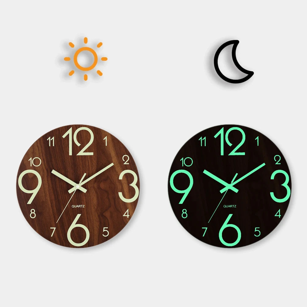 12 inch luminous wall clock wood silent light in dark night nordic fashion non ticking with night light - yg003 / inch