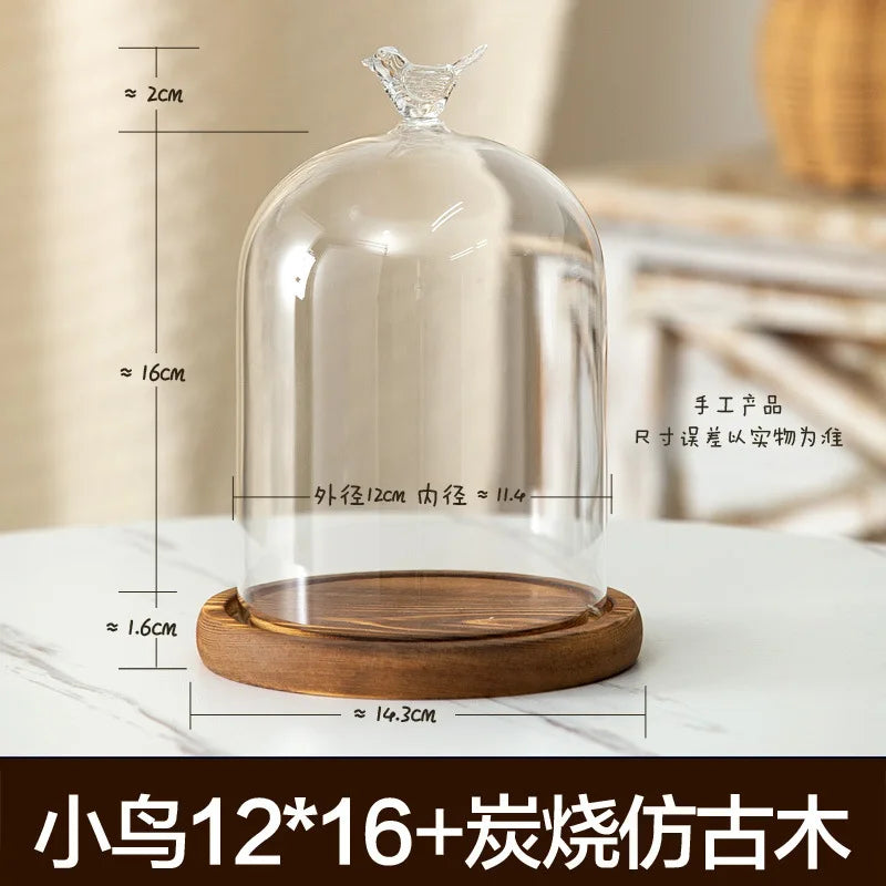 Aromatherapy candle holder ornaments dust-proof glass cover wooden base display box home decoration - birds 16cm