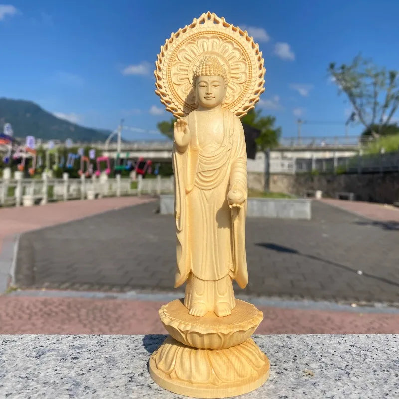 Finely carved wooden medicine buddha statue home altar decoration spiritual art craft for religious gifting - 21cm