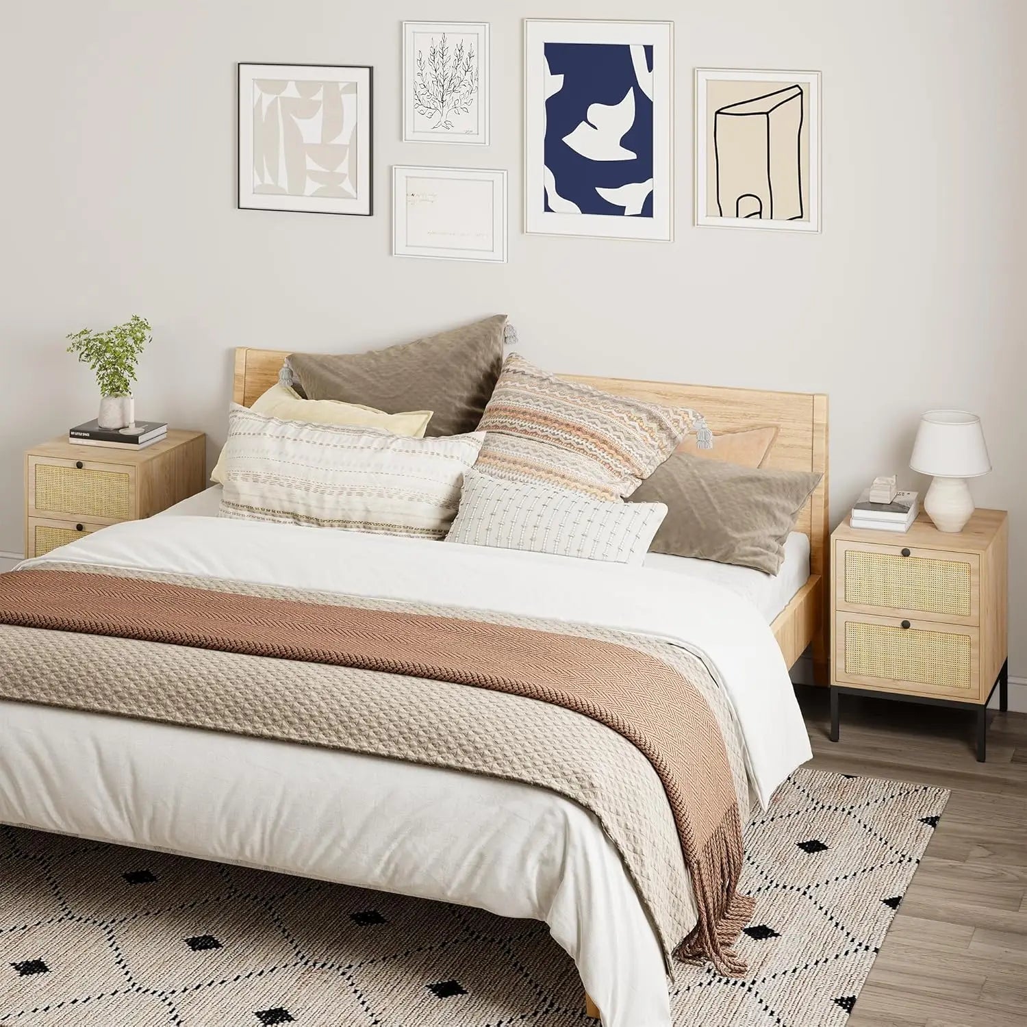 Natural rattan nightstand set of 2 boho night stand with drawers bedside table accent cane end side for bedroom l