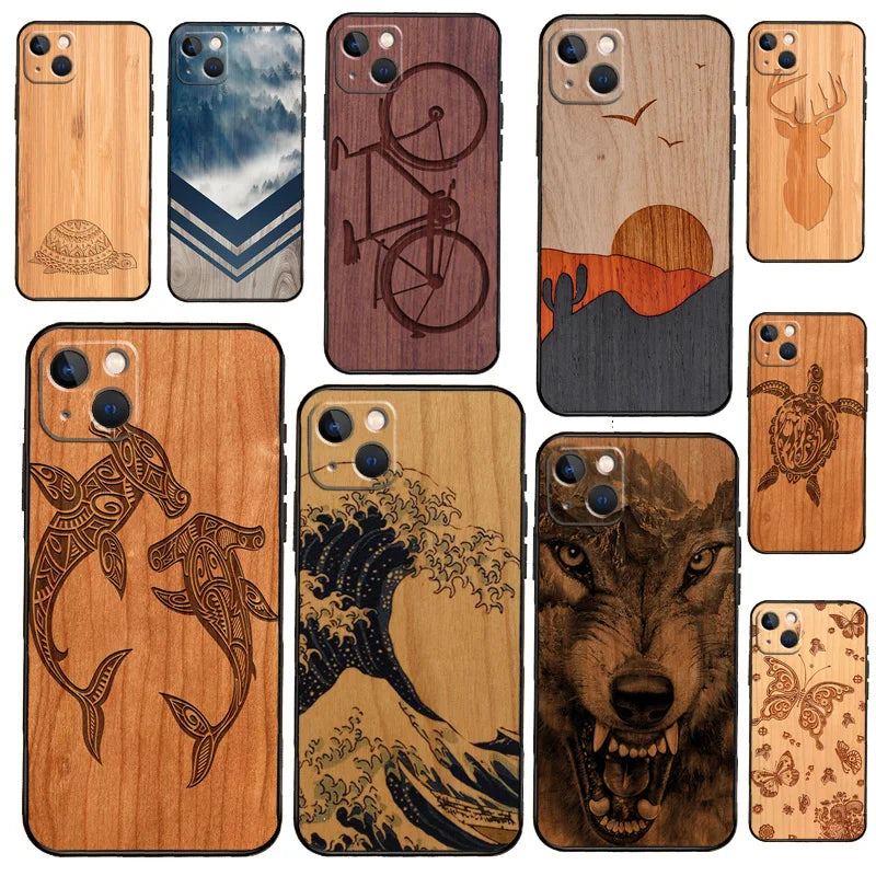Wolf bike butterfly wood phone case for iphone 13 12 mini 11 14 15 16 pro max plus x xs xr cover shell