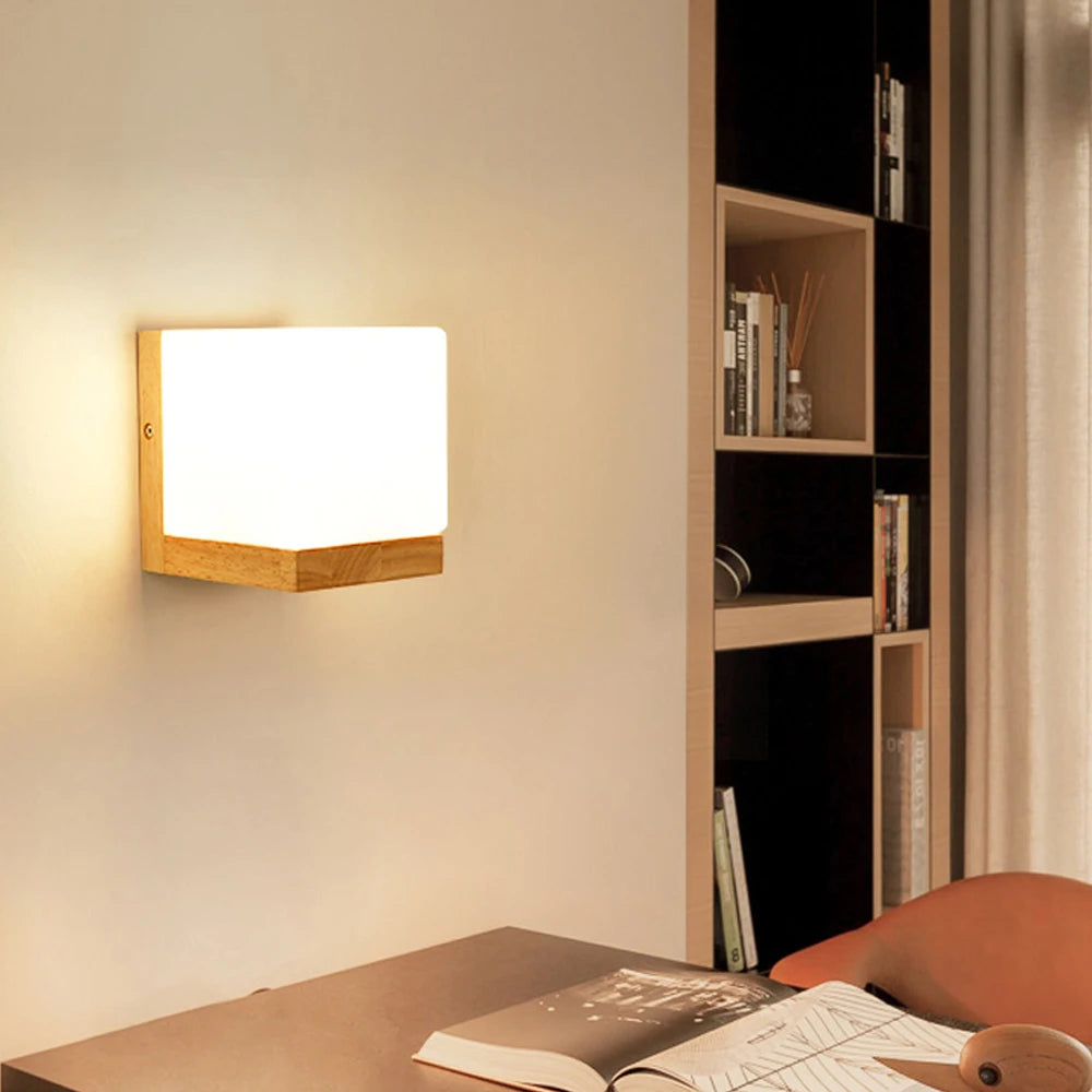 Nordic wood wall lamps with glass shade home indoor decor sconce bedside lamp modern led light night lights fixtures e27