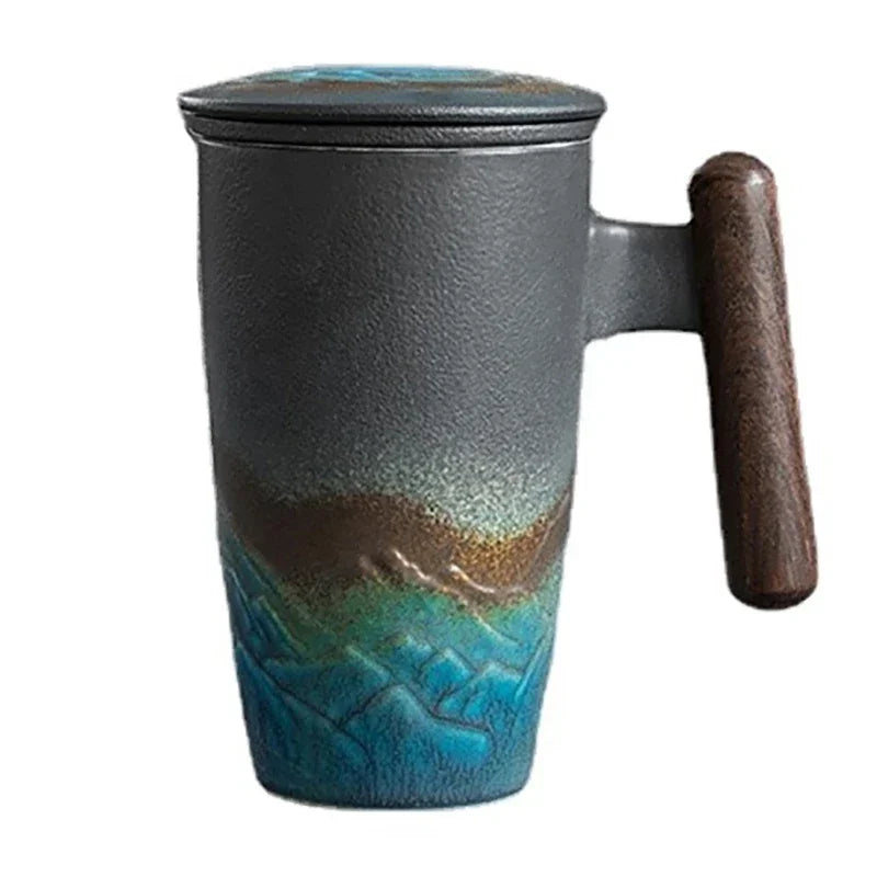 Ceramic tea cup vintage luxury thermal mug with infuser lid coffee mugs beer drinkware wooden handle 400ml personalized