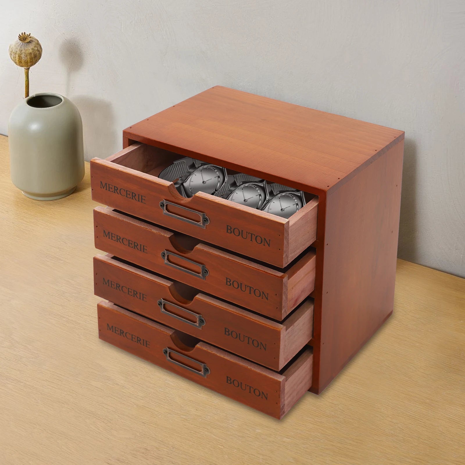 4-drawer vintage wooden organizer mini pine wood storage box desktop space-saving for cosmetics tea stationery - brown