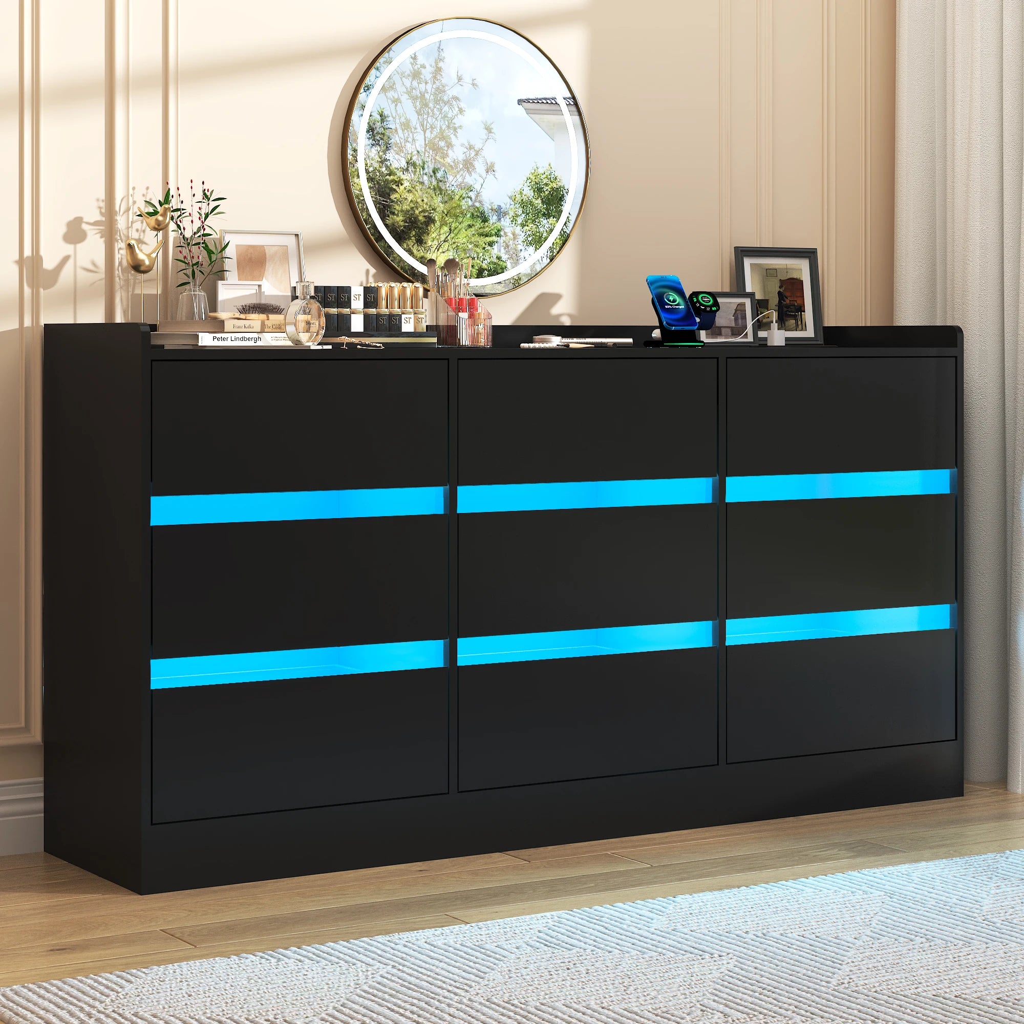 9 drawer dresser with power outlet & led light modern chest of drawers for closet 63’’ organizer cabinet bedroom