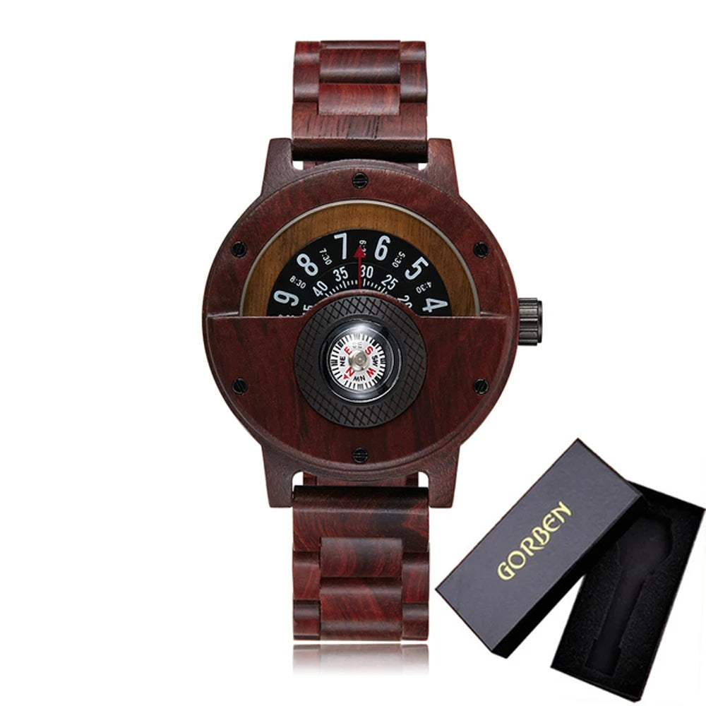Natural wood watch men’s rotary table compass dial real walnut ebony bamboo brown concept quartz - w273-1 with box