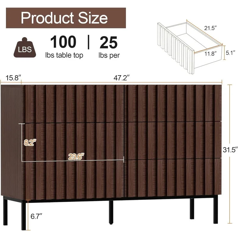 Fluted dresser for bedroom with 6 drawers 47’’ wide large chest of metal stand mid-century wooden tv s - united states