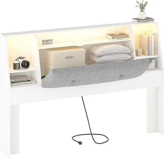 Headboard queen size with storage upholstered wood bookcase charging station & 2 led lights (white queen-soft) - white