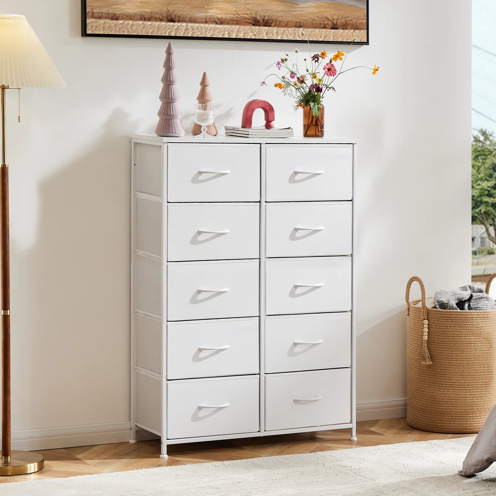 Jhk bedside table for bedroom with 10 fabric drawers nightstand storage cabinet steel frame clothes display - white