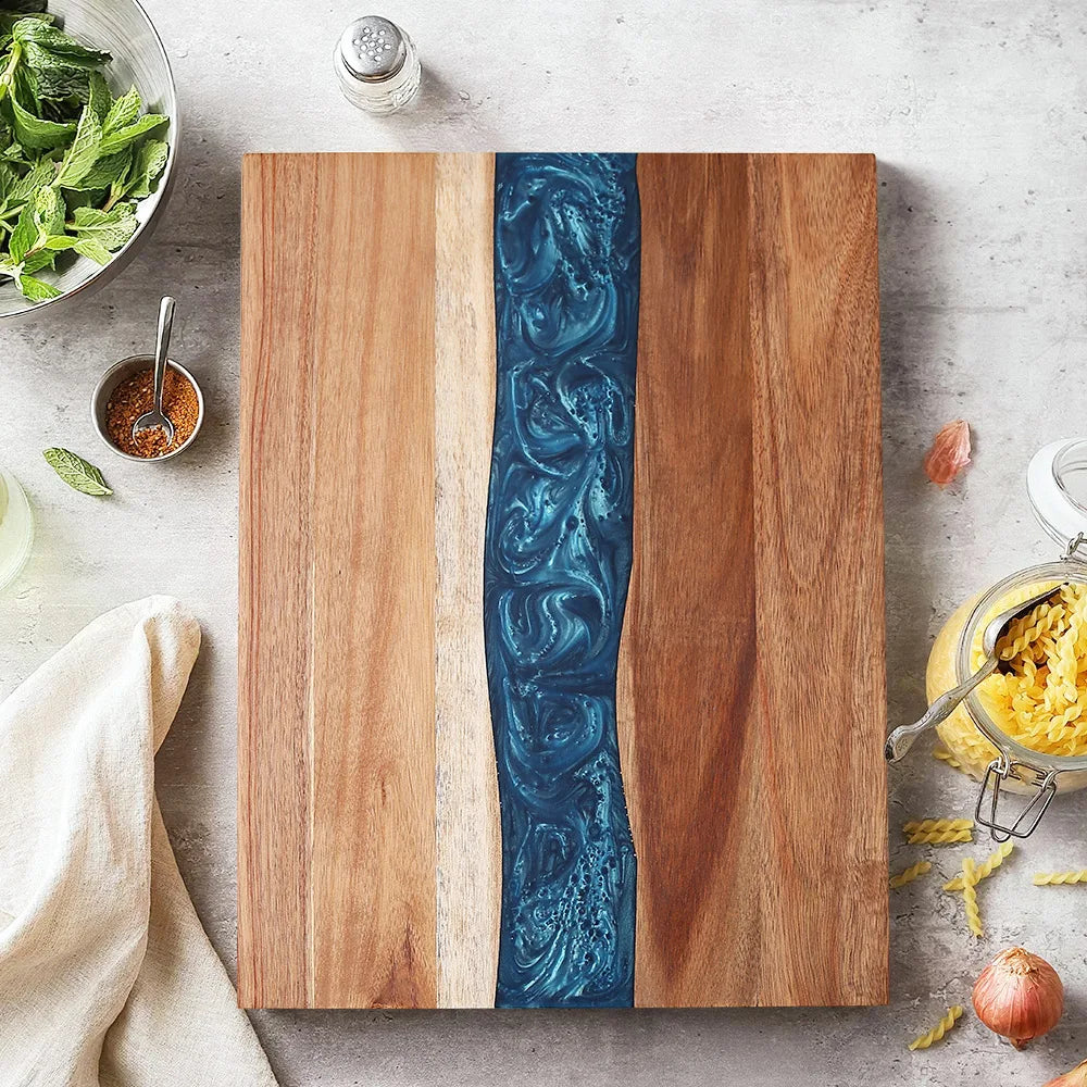 Acacia wood resin cutting board kitchen meal prep household fruit meat vegetable tray cheese wooden double-sided - blue