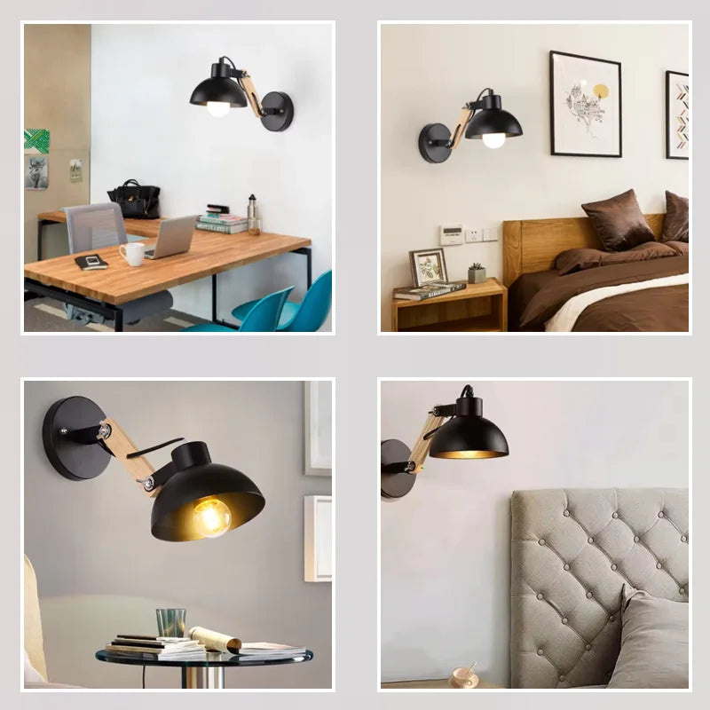Minimalist bedside led adjustable wall lamp nordic iron wood light black with switch plug wall lights home