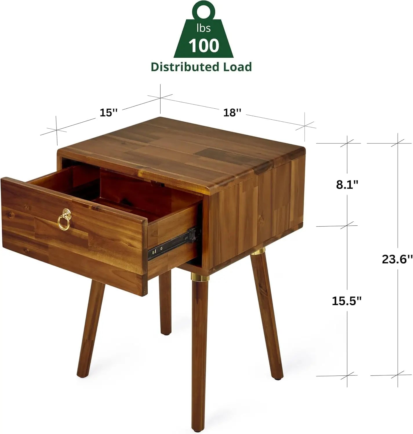 Solid wood nightstand/side table/end table fully assembled with 1-drawer for mid century bedroom and living room