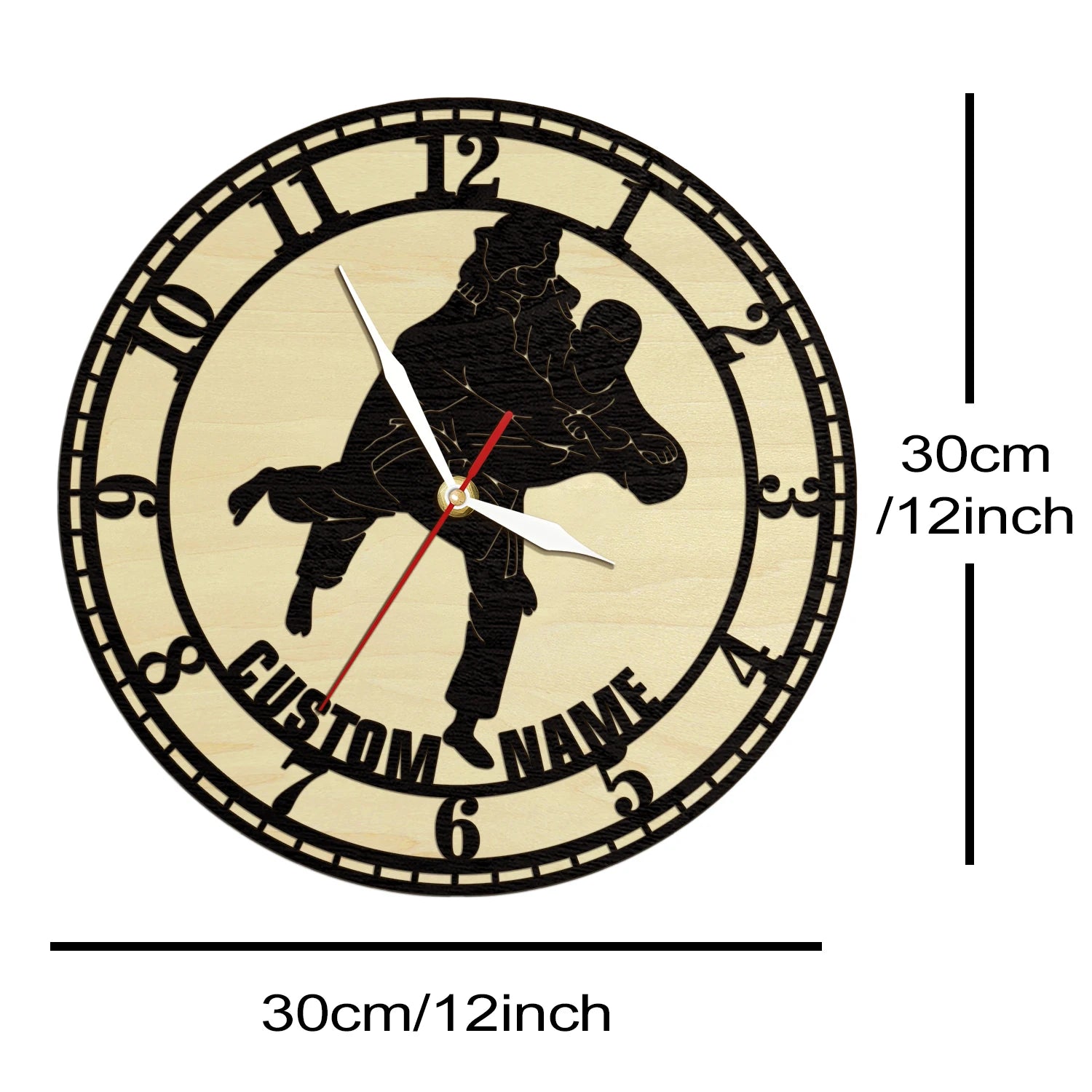 Personalized judo wooden frame wall clock martial arts fighting club decor custom jiu-jitsu natural wood lover gift