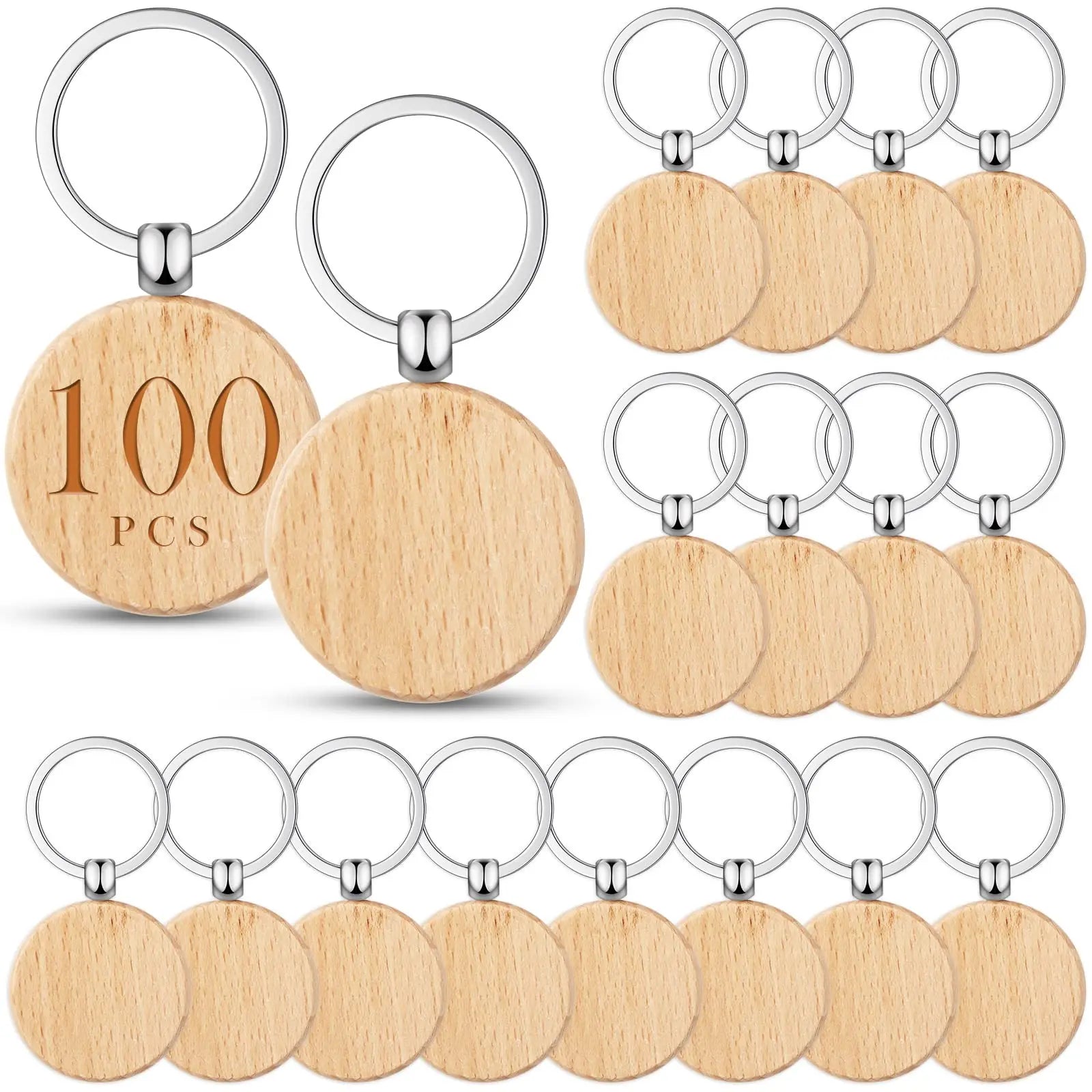 100 pieces round wood keychain blanks diy wooden unfinished key ring - 100pcs - chain