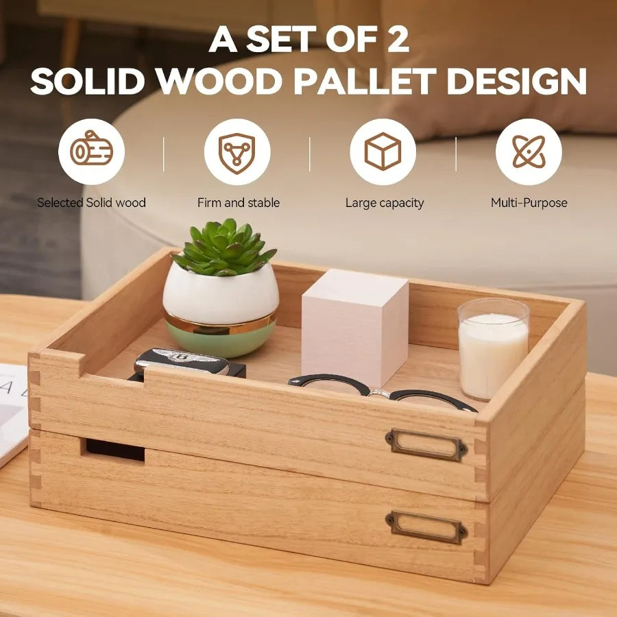 Wood desk organizer set of 2 stackable paper tray desktop document storage wooden letter trays for home office