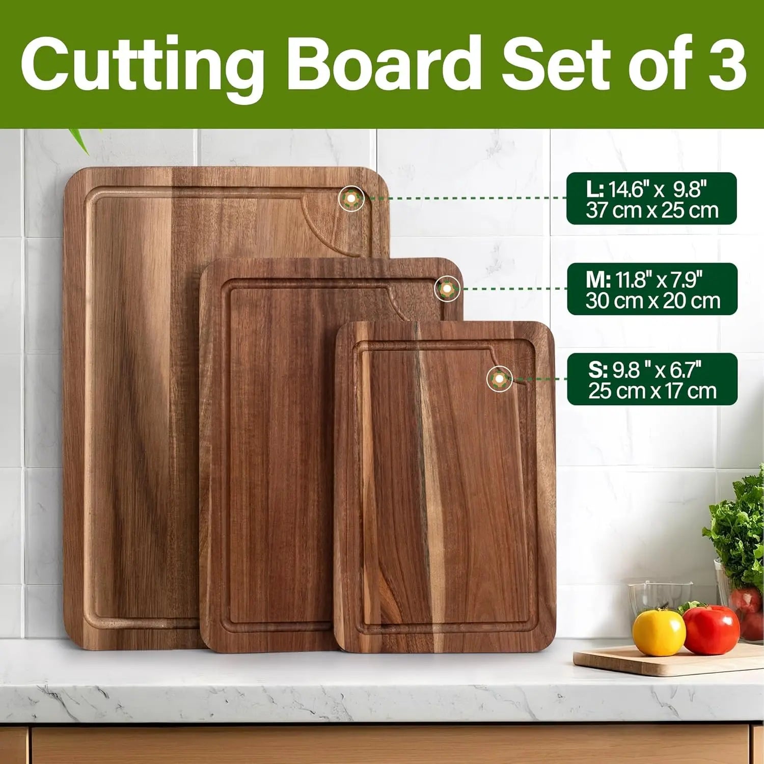 Acacia wood cutting boards for kitchen wooden chopping board set with juice groove of 3 (small meduim & lar - bamboo