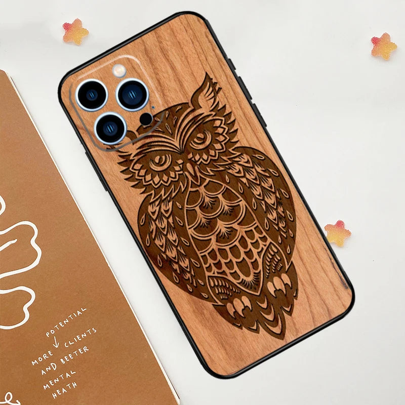 Turtle elephant dragon wood phone case for iphone 15 16 14 13 12 11 pro max mini plus xs x xr back cover - 9248