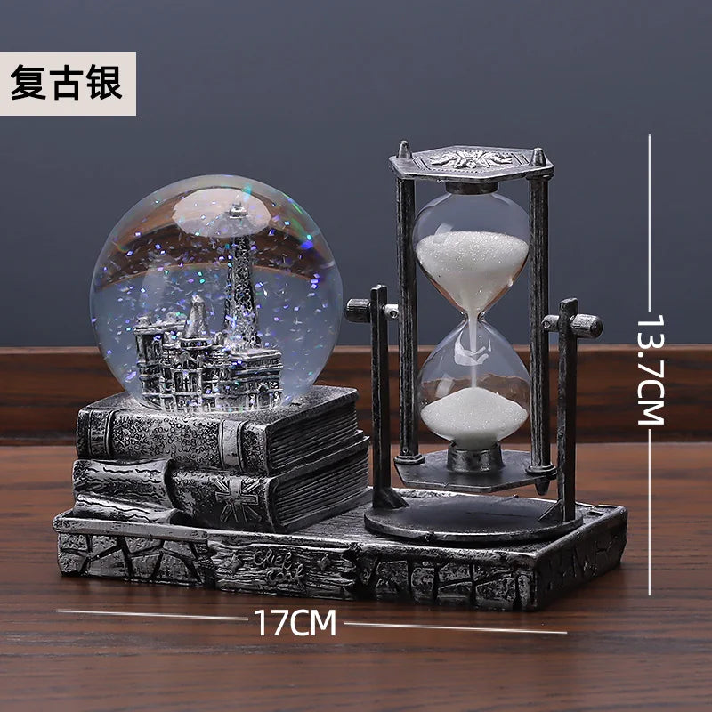 Creative retro tower flowing sand glass crystal ball desktop ornament collectible birthday gift for friends - silvery