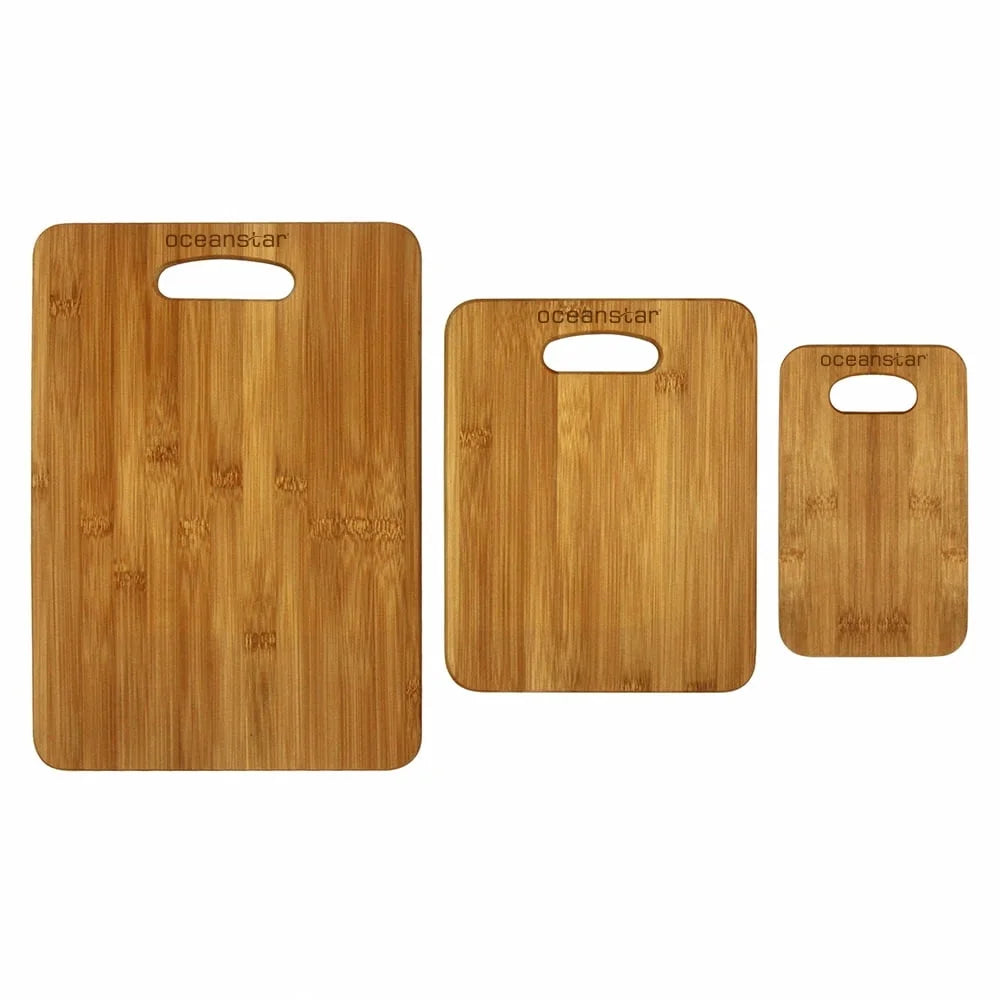 3 piece bamboo cutting board set eco friendly versatile sizes lightweight kitchen food prep hand grips easy clean wood