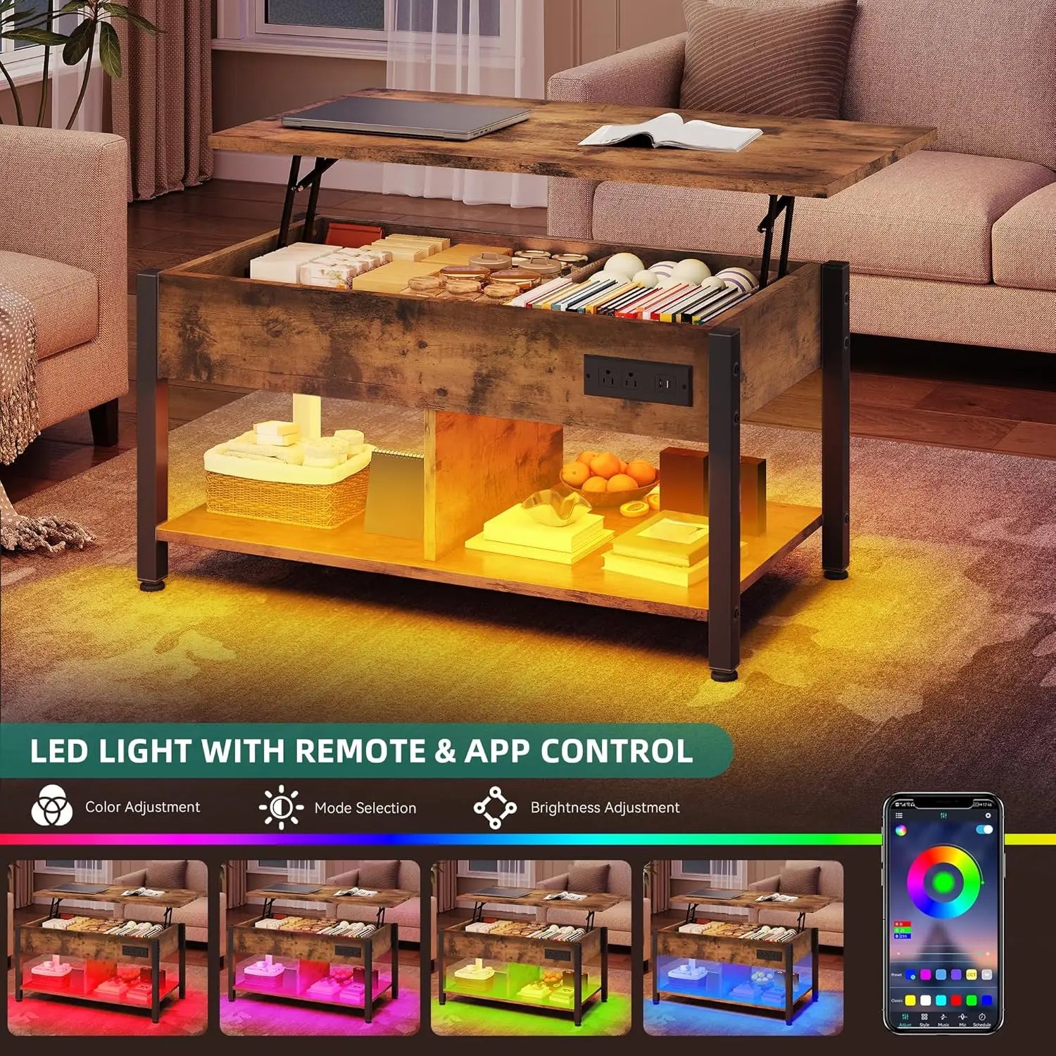 Lift top coffee table with rgb light 3-in-1 power outlets hidden & open storage adjustable height wooden - brown