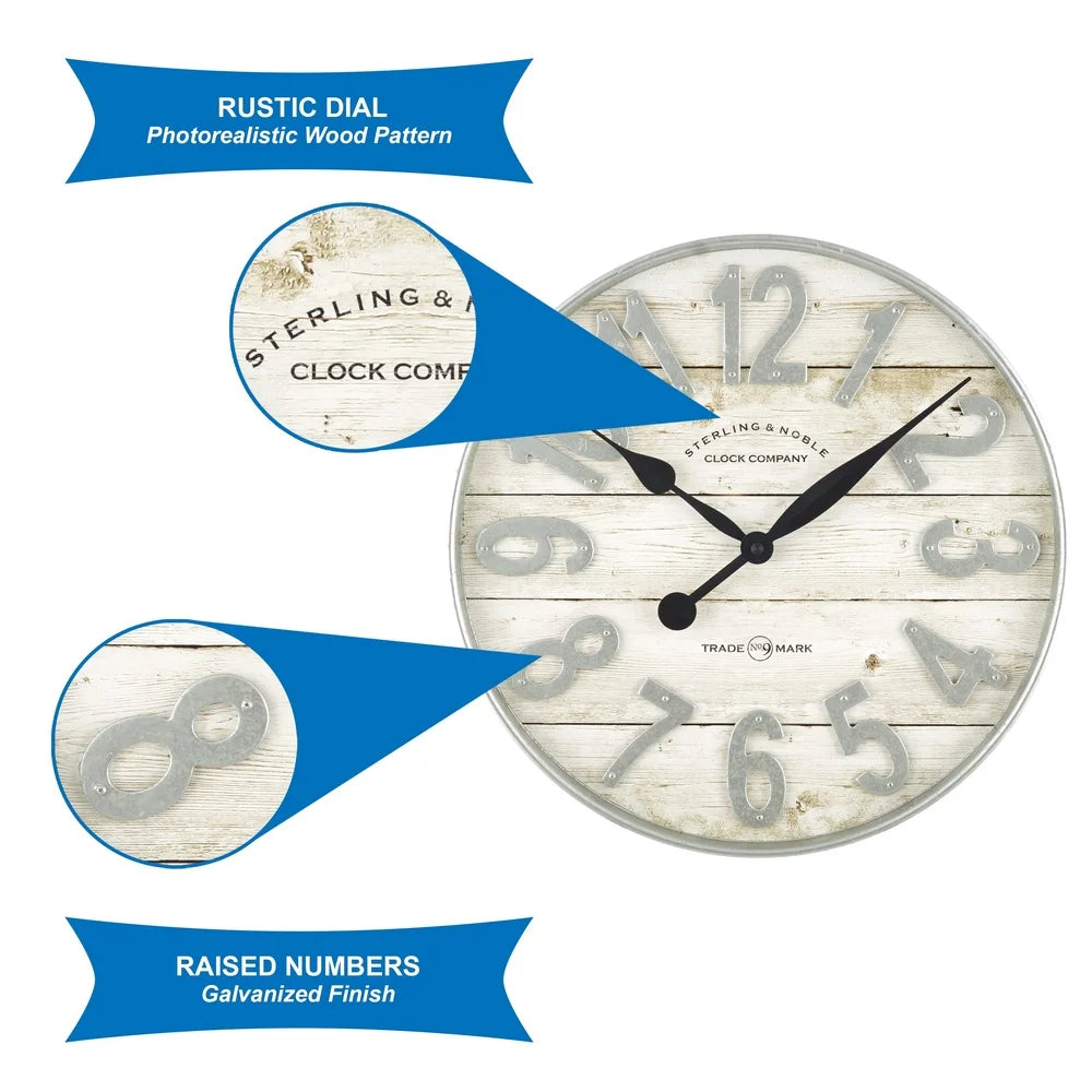 Farmhouse analog wall clock 20 inch indoor metal hands quartz movement arabic numerals photo realistic wood dial