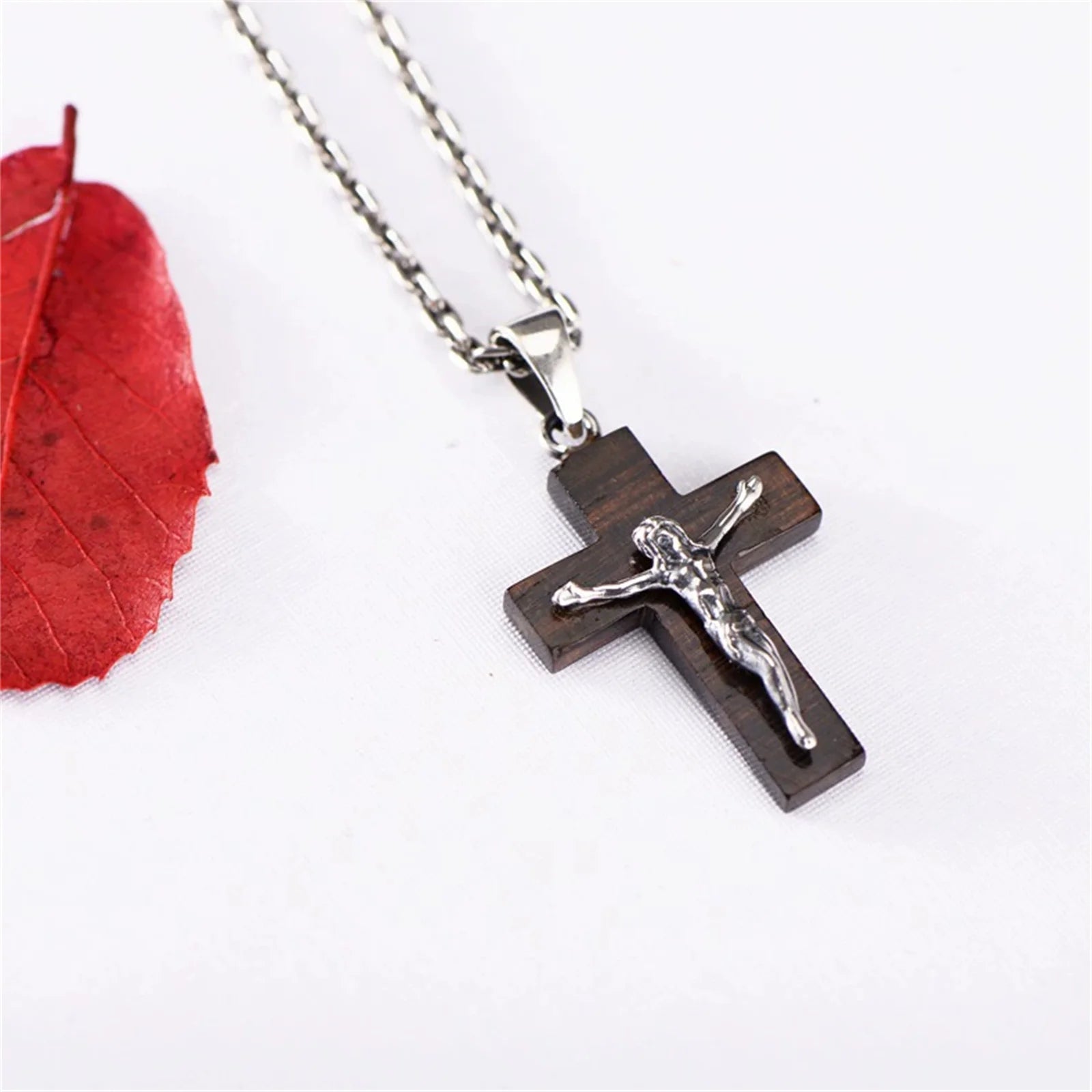 Wooden cross sterling silver 925 crucifix little pendant necklace for men women catholic religious jewelry