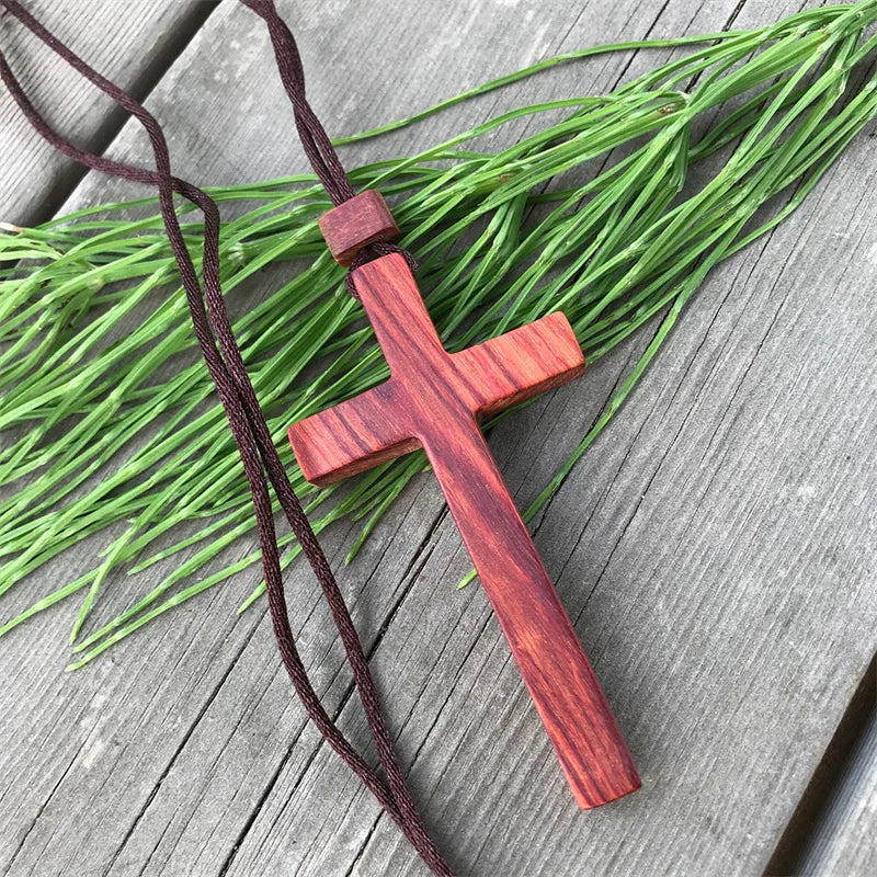77mm solid sandalwood cross pendant necklace for men jewelry top quality wood lady blessing choker accessories - red