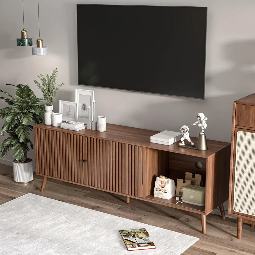 Mid century modern tv stand for televisions up to 70 inches with sliding doors and storage television stands consoles