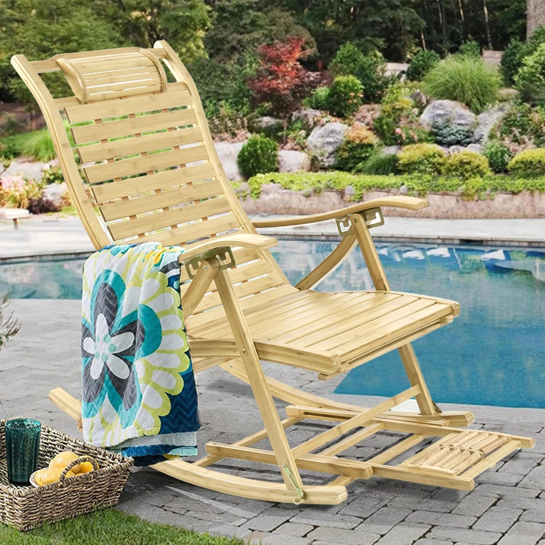 Bamboo folding rocking recliner chair | foot massage & backrest | outdoor beach camping balcony sun lounger with armrest