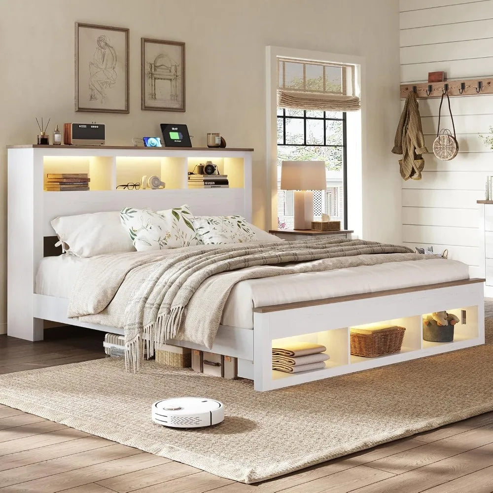 Albott farmhouse king size bed frame with storage bookcase headboard and footboard wood platform sl - white / united