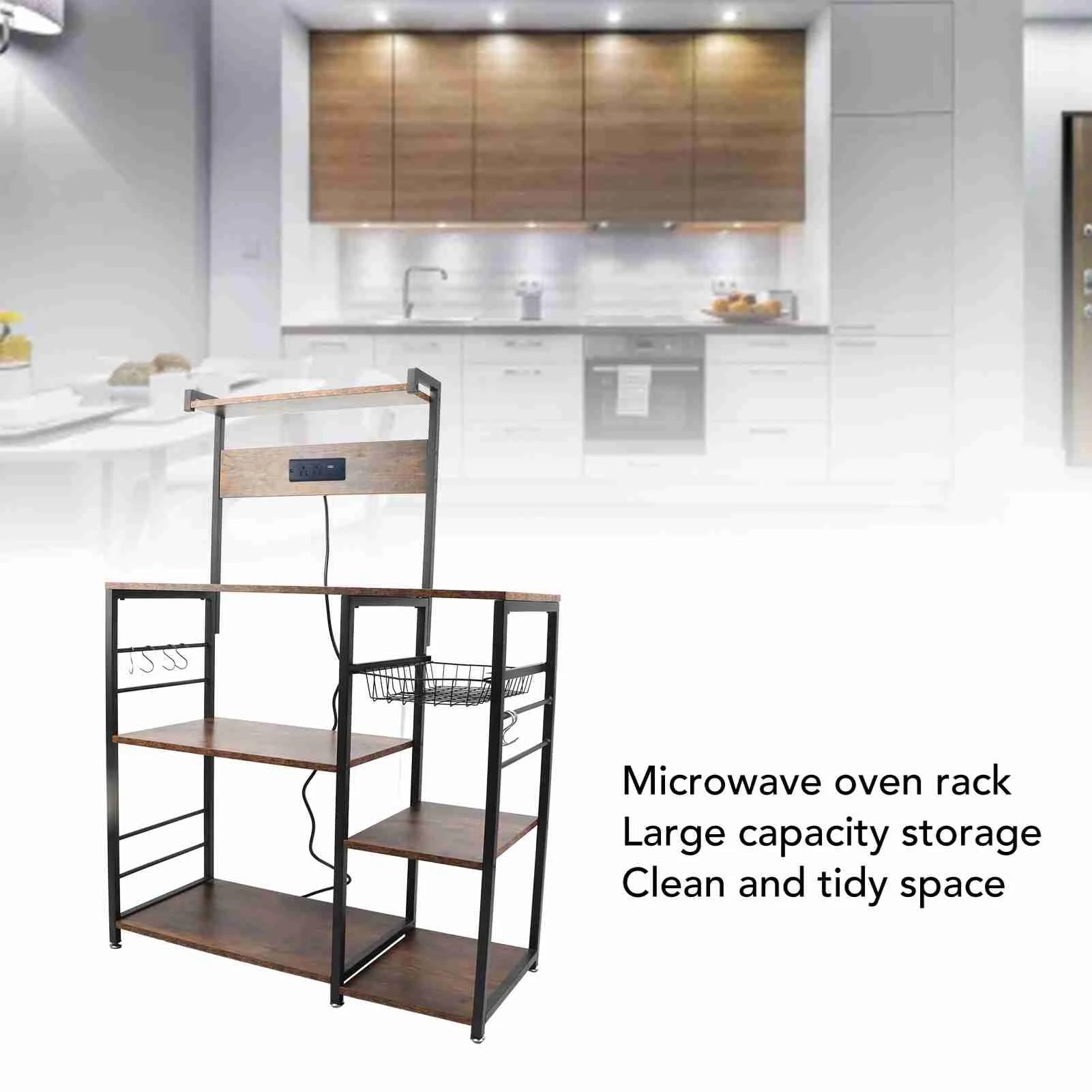 Kitchen bakers rack steel wood multi tier microwave oven stand rust resistant coffee bar station utility storage shelf